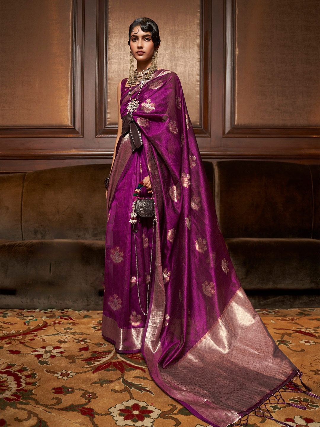 

Mitera Floral Woven Design Zari Saree, Purple