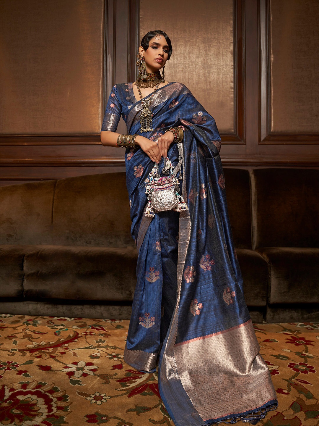 

Mitera Floral Woven Design Zari Silk Blend Saree, Navy blue