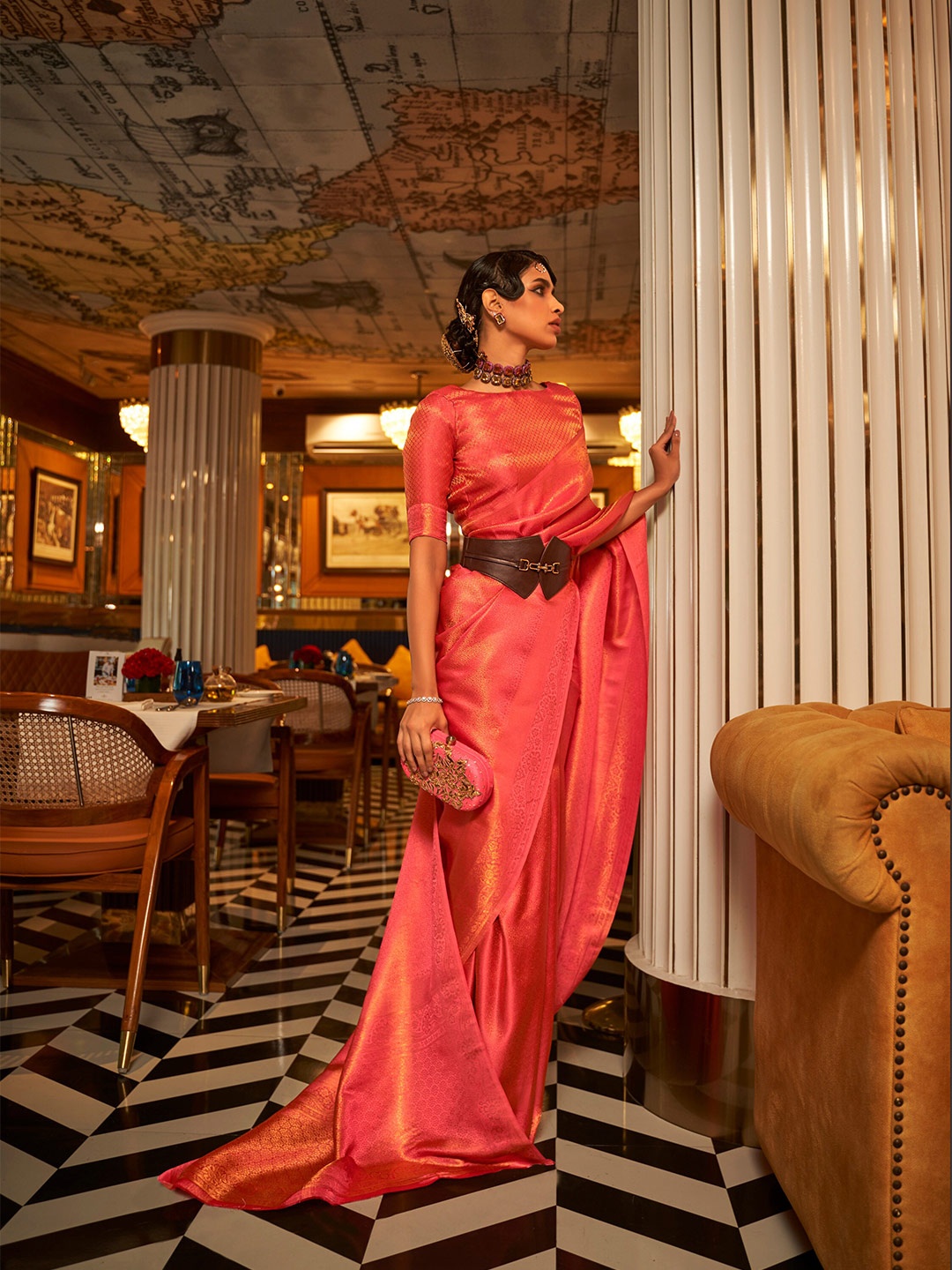 

Mitera Woven Design Zari Silk Blend Saree, Coral