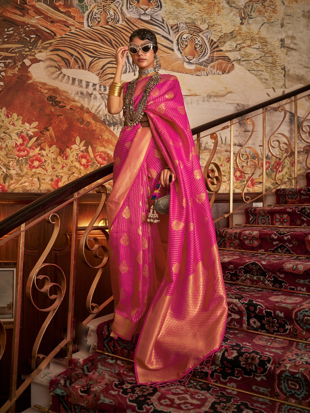 

Mitera Floral Woven Design Zari Saree, Pink
