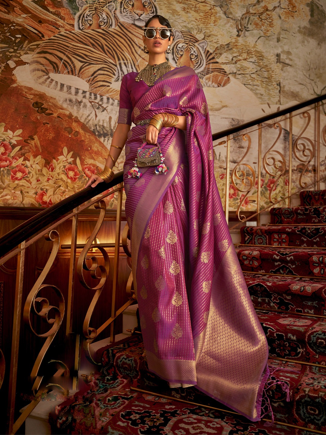 

Mitera Woven Design Zari Silk Blend Saree, Purple
