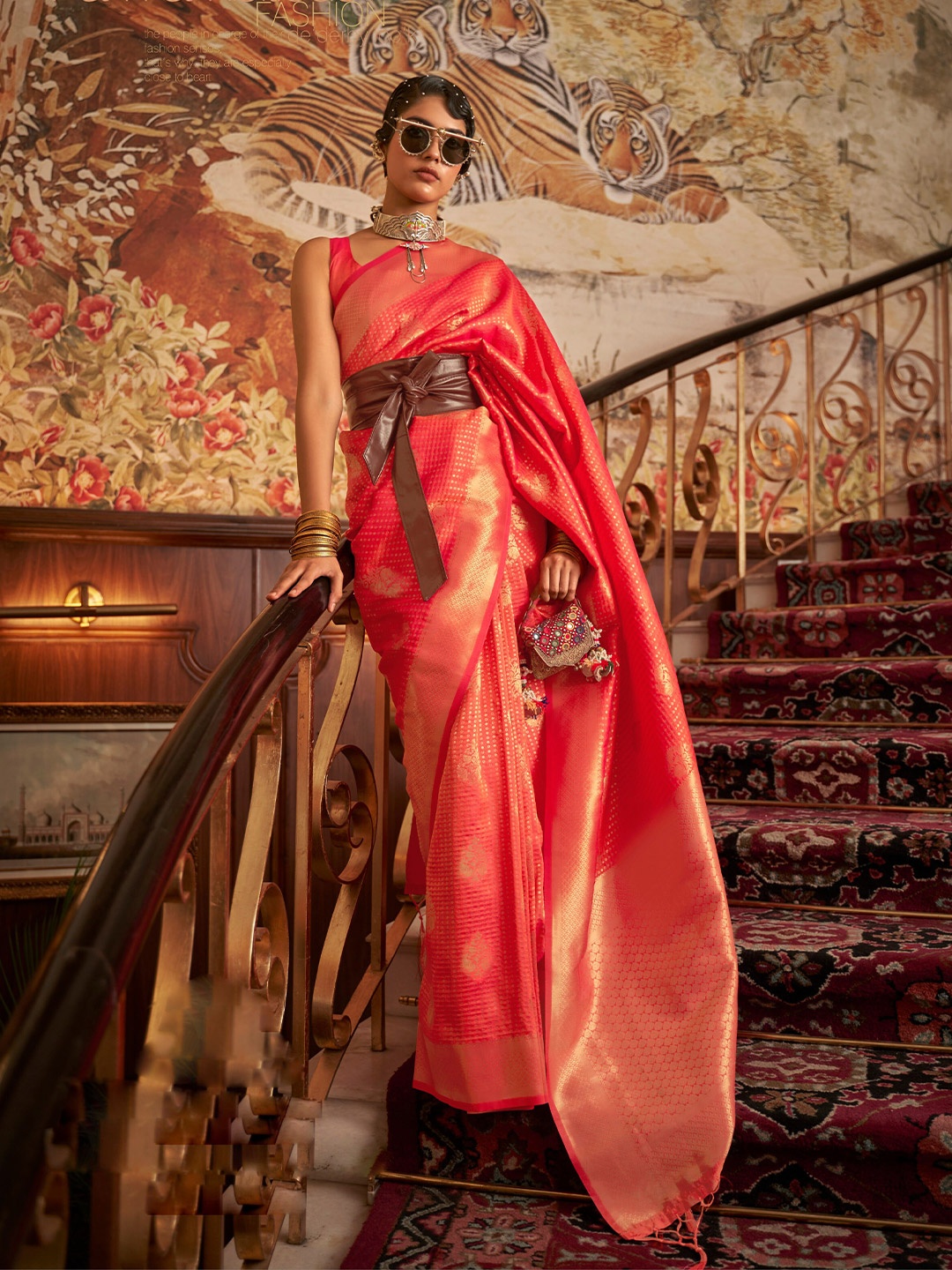 

Mitera Ethnic Motifs Woven Design Zari Silk Blend Saree, Coral