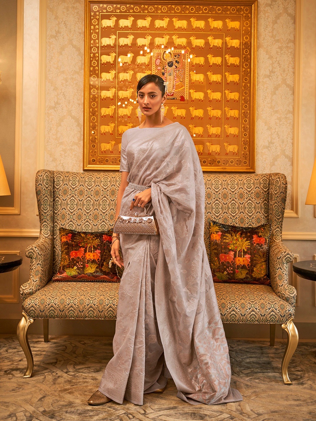 

Mitera Floral Woven Design Zari Saree, Grey