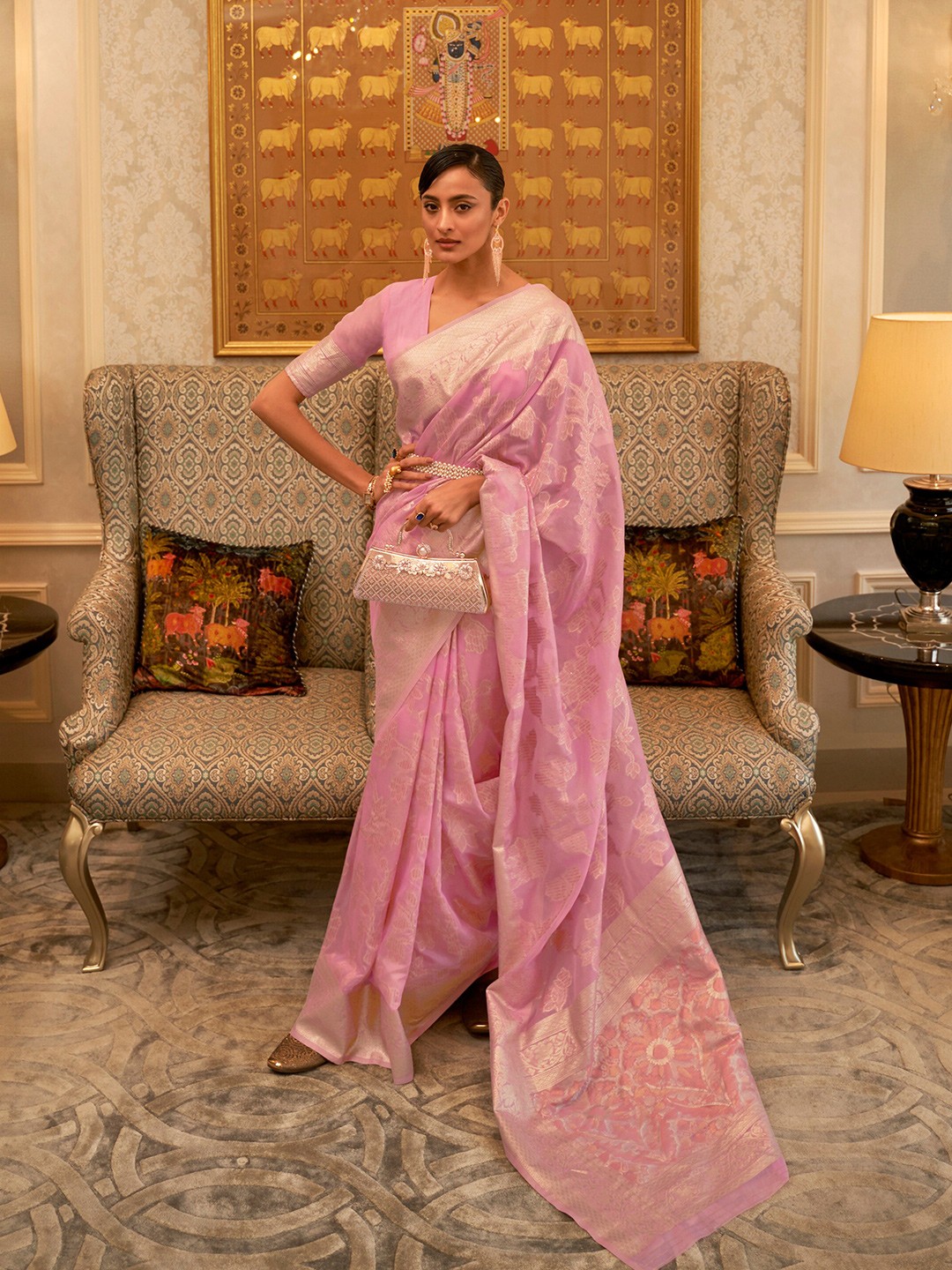 

Mitera Floral Woven Design Zari Saree, Pink
