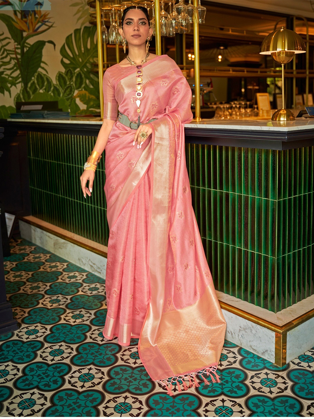 

Mitera Floral Woven Design Zari Organza Saree, Pink