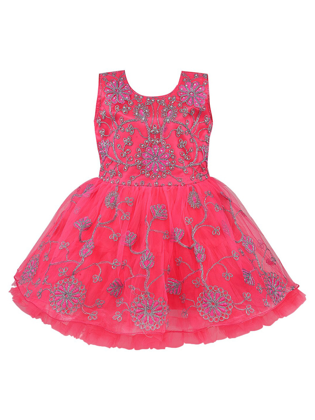 

Wish Karo Girls Floral Self Design Net Fit & Flare Dress, Red