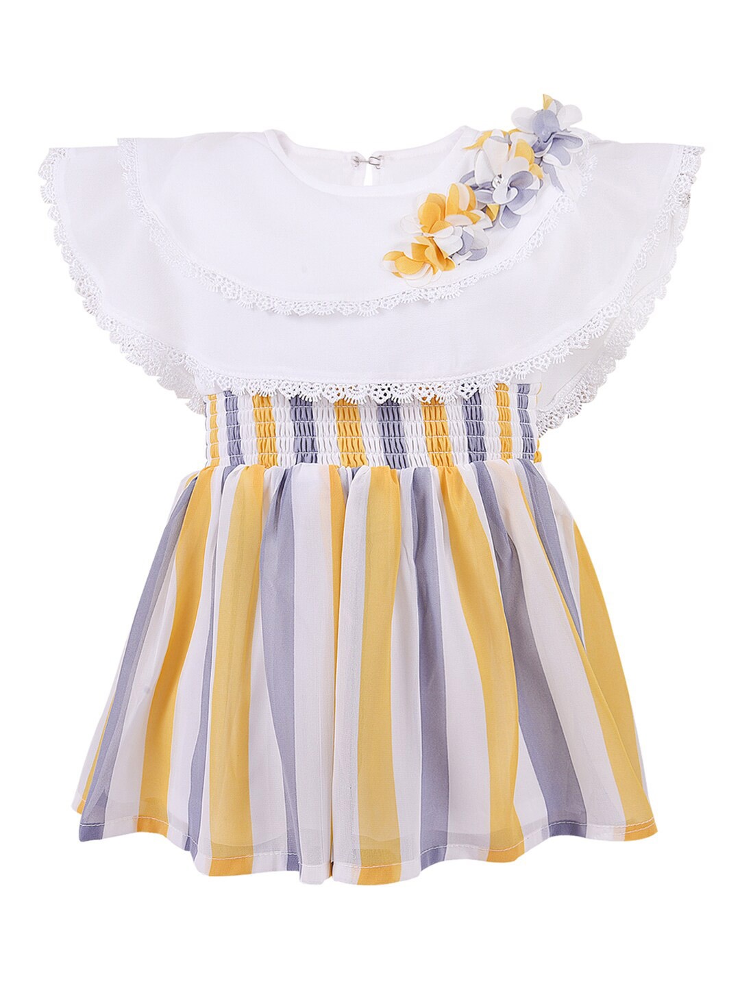 

Wish Karo Girls Striped Cape Sleeve Lace Insert Smocked Georgette Fit & Flare Dress, Yellow