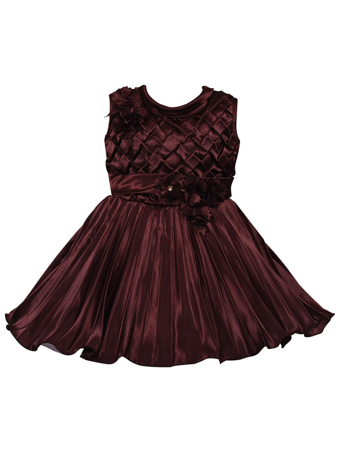 

Wish Karo Girls Round Neck Self Design Accordion Pleats Satin Fit & Flare Dress, Brown