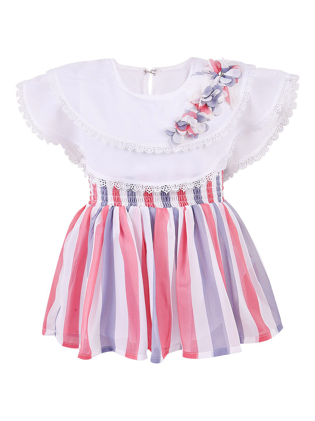 

Wish Karo Girls Round Neck Striped Smocked Georgette Fit & Flare Dress, White
