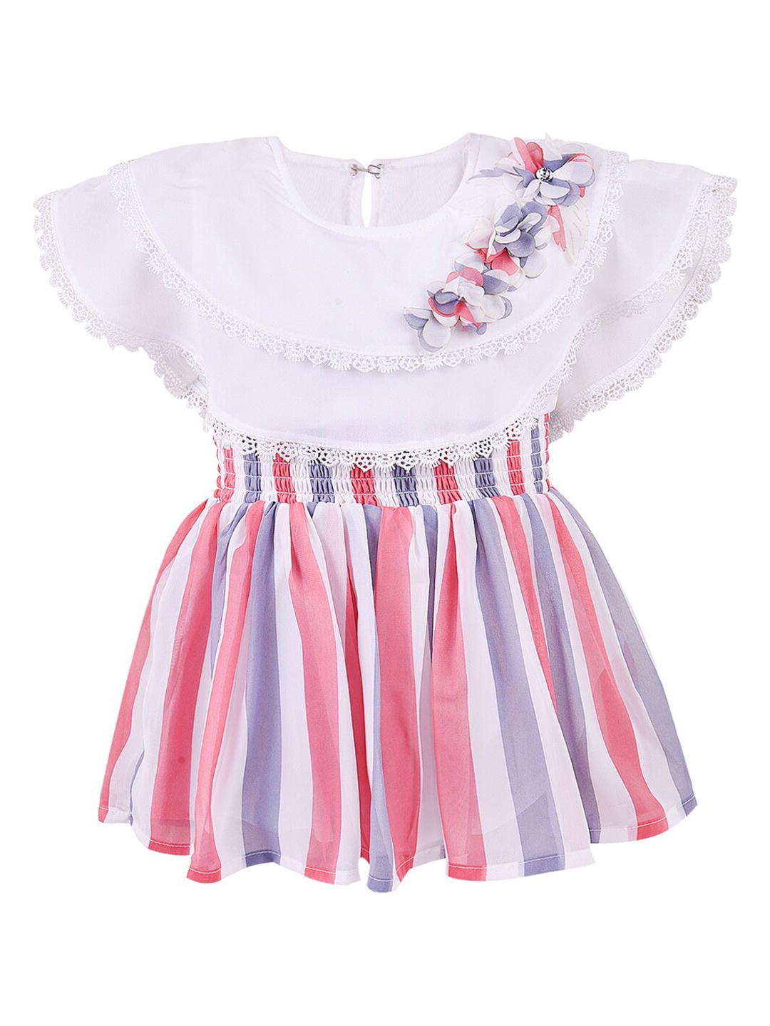 

Wish Karo Pink Striped Cape Sleeve Georgette Fit & Flare Dress