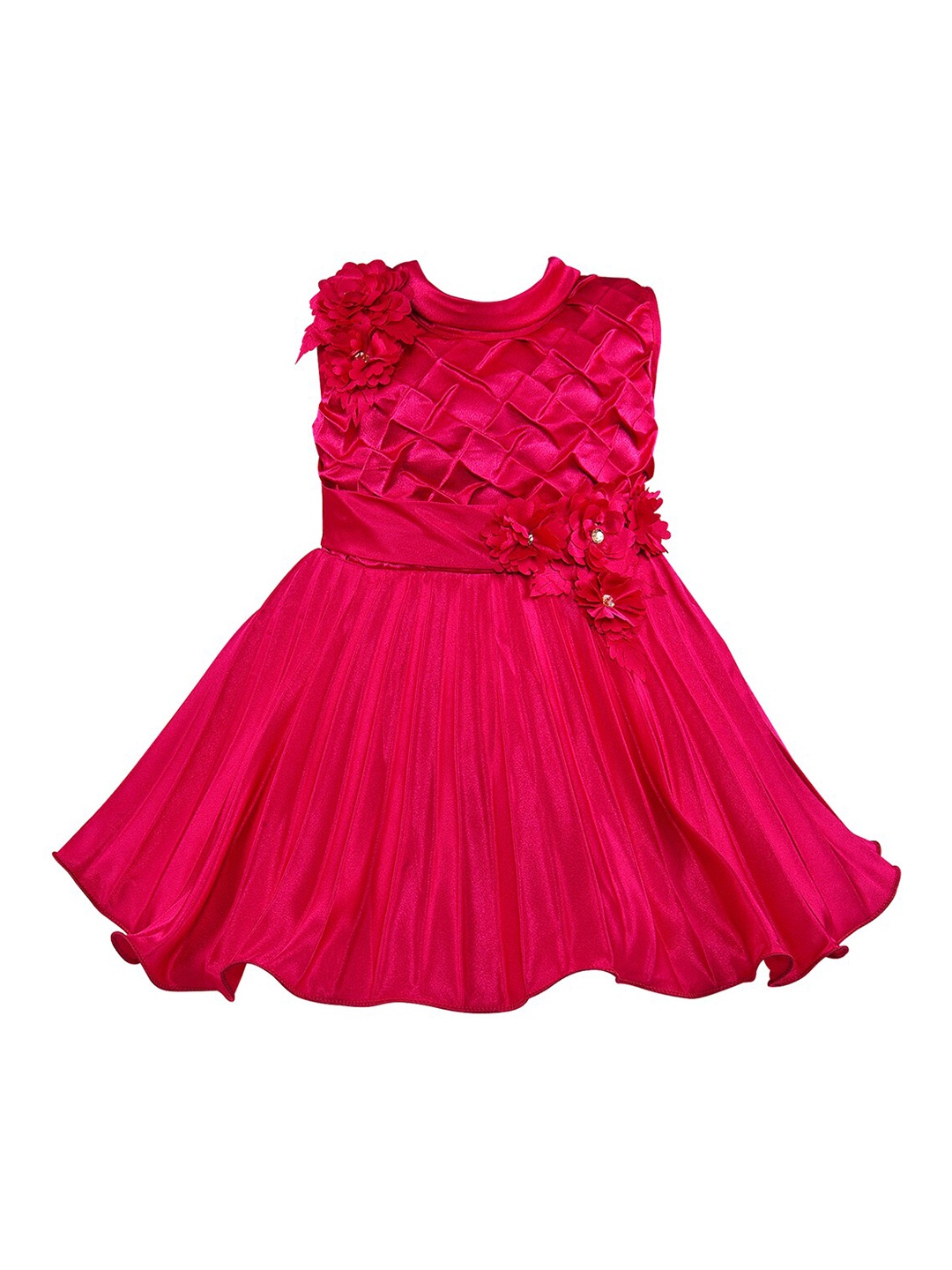 

Wish Karo Girls Round Neck Self Design Accordion Pleats Satin Silk Fit & Flare Dress, Red