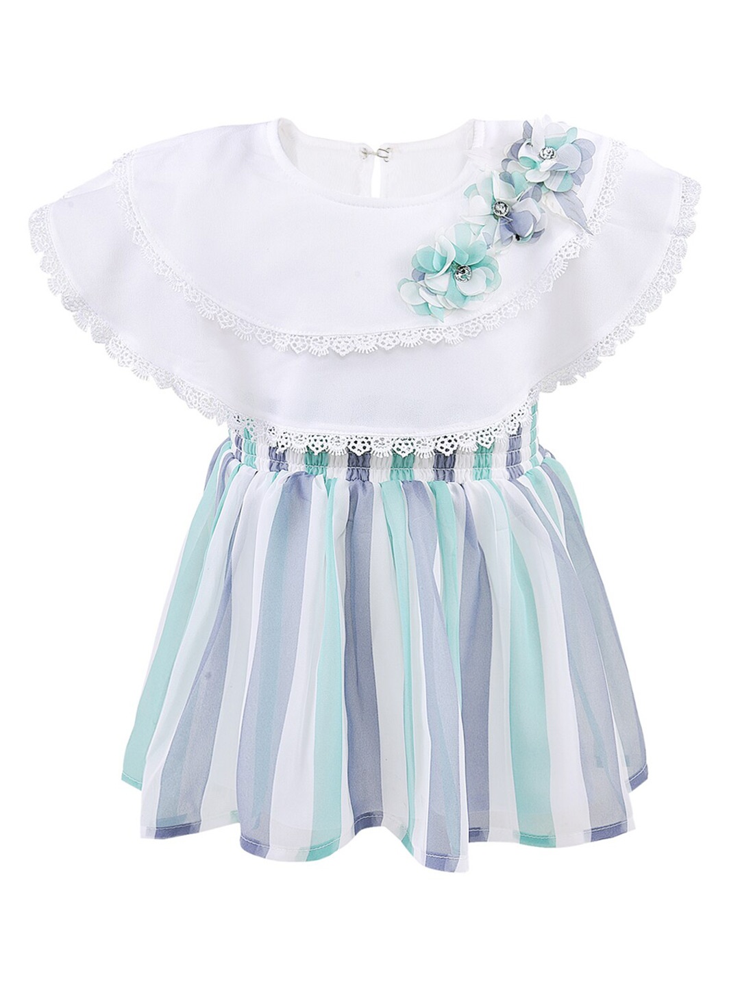 

Wish Karo Girls Round Neck Striped Smocked Georgette Fit & Flare Dress, White