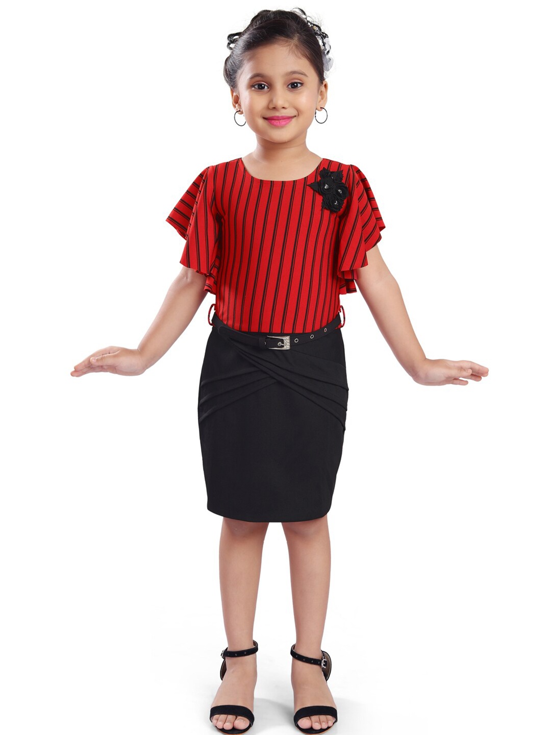 

Wish Karo Girls Striped Cotton Sheath Dress With Belt, Red