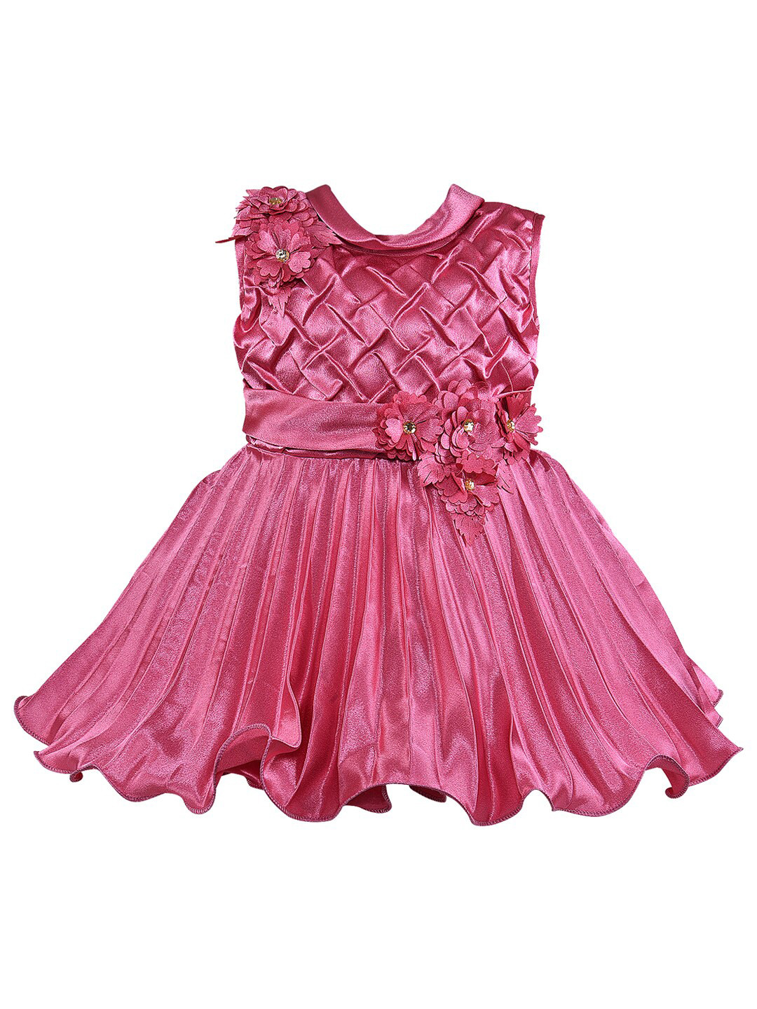 

Wish Karo Girls Round Neck Self Design Accordion Pleats Satin Fit & Flare Dress, Pink