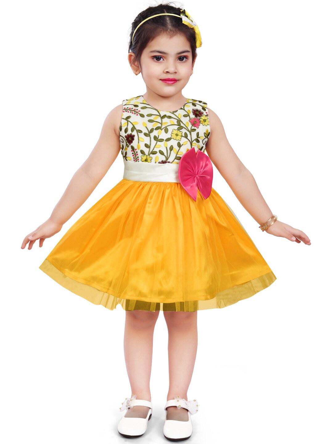 

Wish Karo Girls Round Neck Floral Embroidered Net Fit & Flare Dress, Yellow