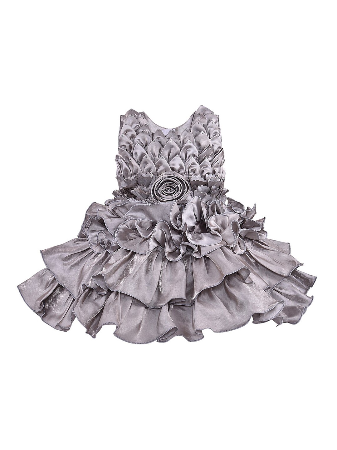 

Wish Karo Girls Round Neck Self Design Ruffles Satin Fit And Flare Dress, Grey