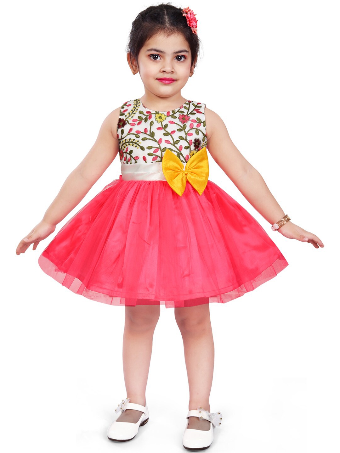 

Wish Karo Girls Floral Net Fit & Flare Dress With Bow, Pink
