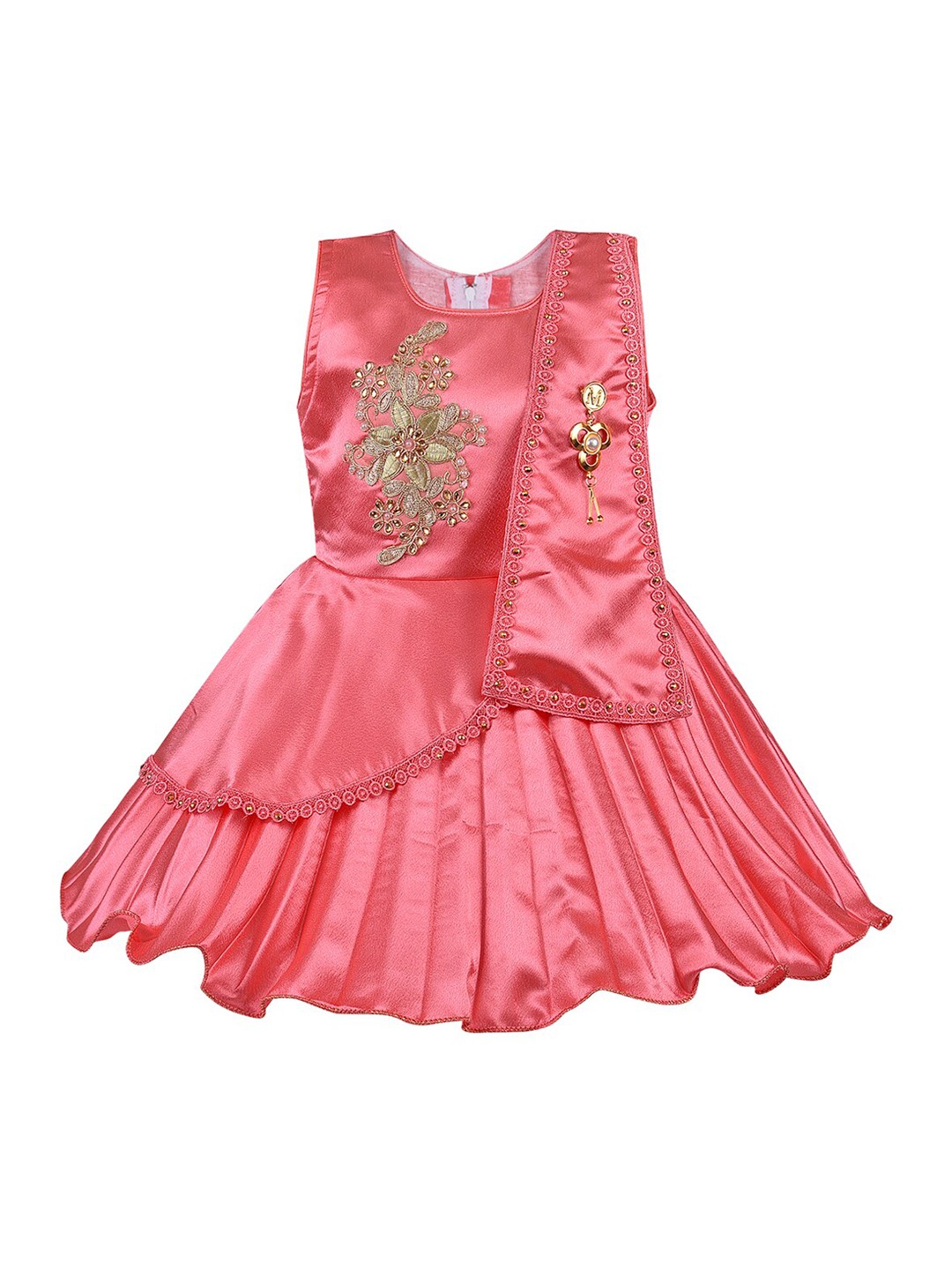 

Wish Karo Girls Round Neck Embelished Accordion Pleats Silk Fit And Flare Dress, Peach