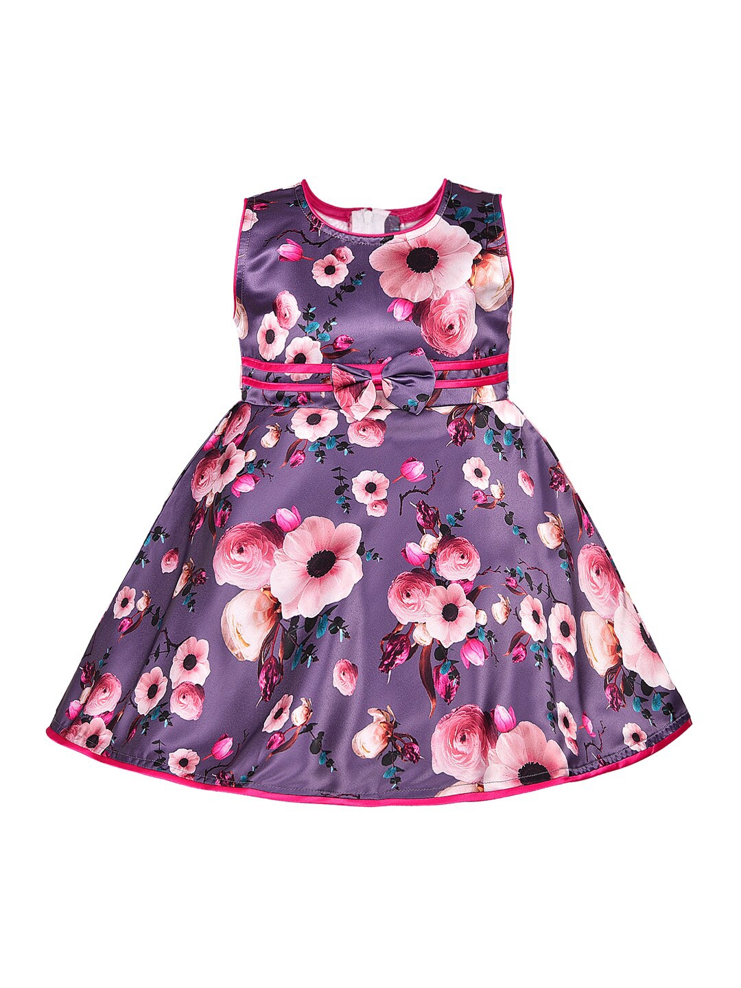 

Wish Karo Girls Round Neck Floral Printed Satin Fit & Flare Dress, Pink