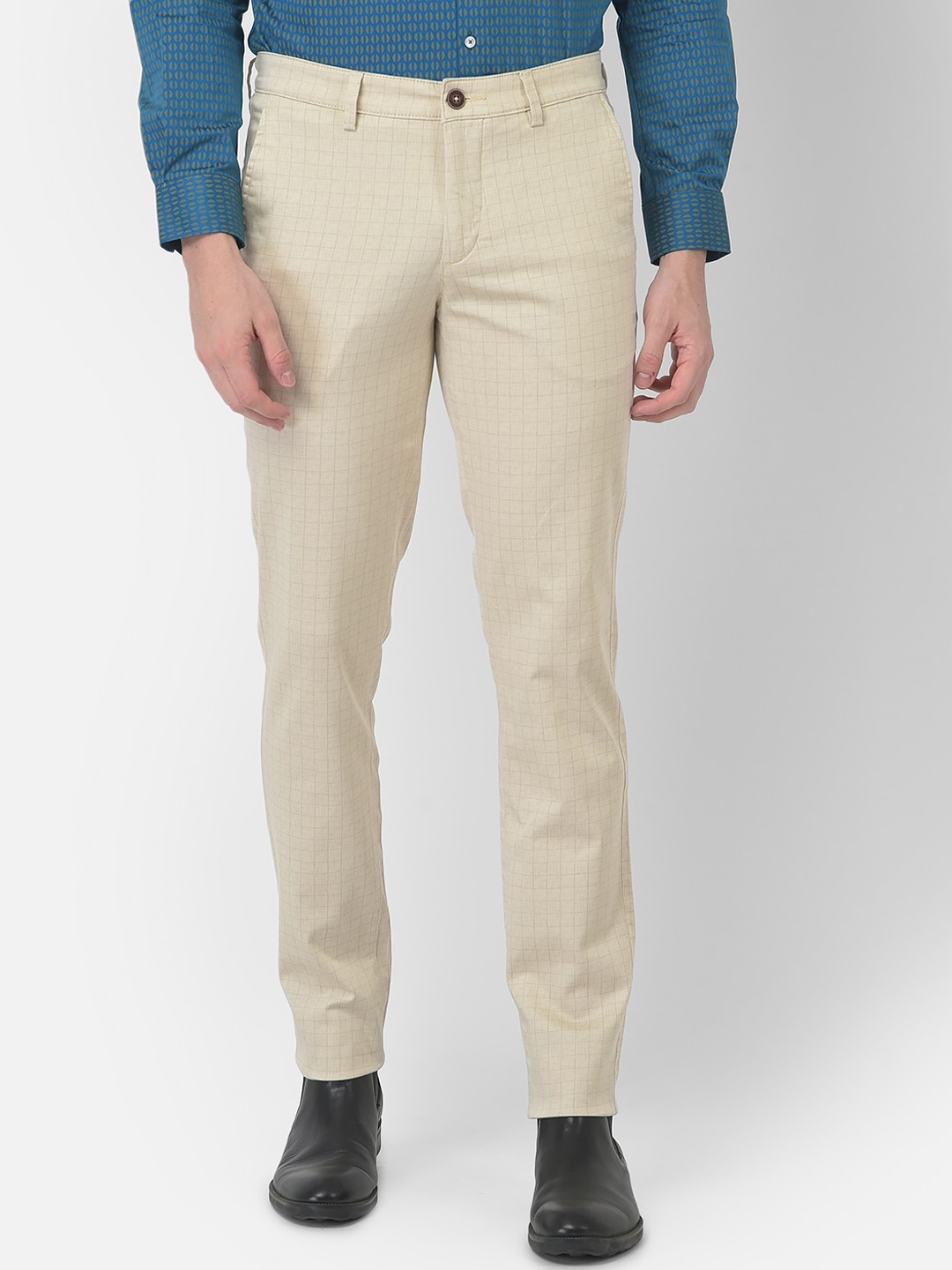 

Turtle Men Mid-Rise Checked Relaxed Tapered Fit Plain Trousers, Beige