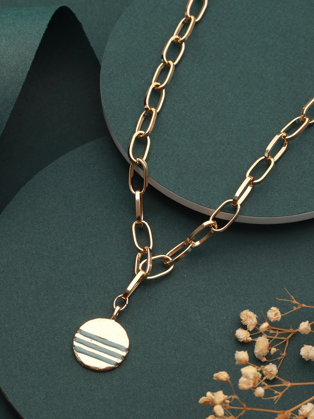 

PRITA BY PRIYAASI Brass Gold-Plated Striped Disc Link Chain Necklace