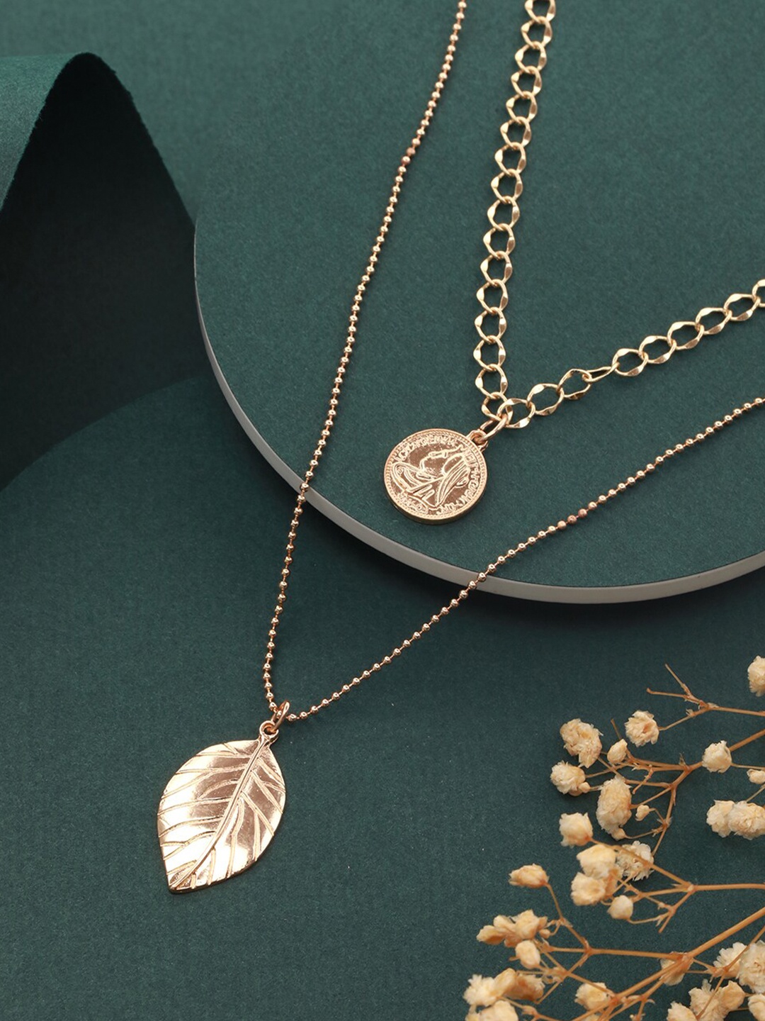 

PRITA BY PRIYAASI Brass Gold-Plated Embossed Leaf Design Dual-Layered Necklace