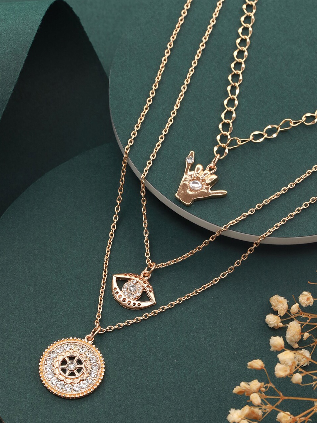 

PRITA BY PRIYAASI Brass Floral Eye Design Layered Studded Gold-Plated Necklace
