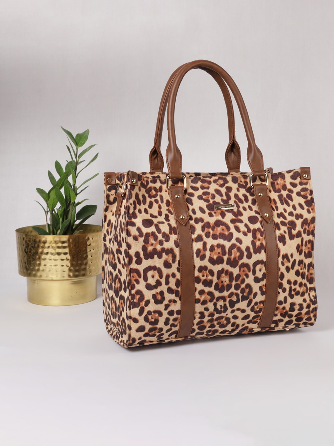 

MINI WESST Beige Animal Printed Oversized Shopper Handheld Bag