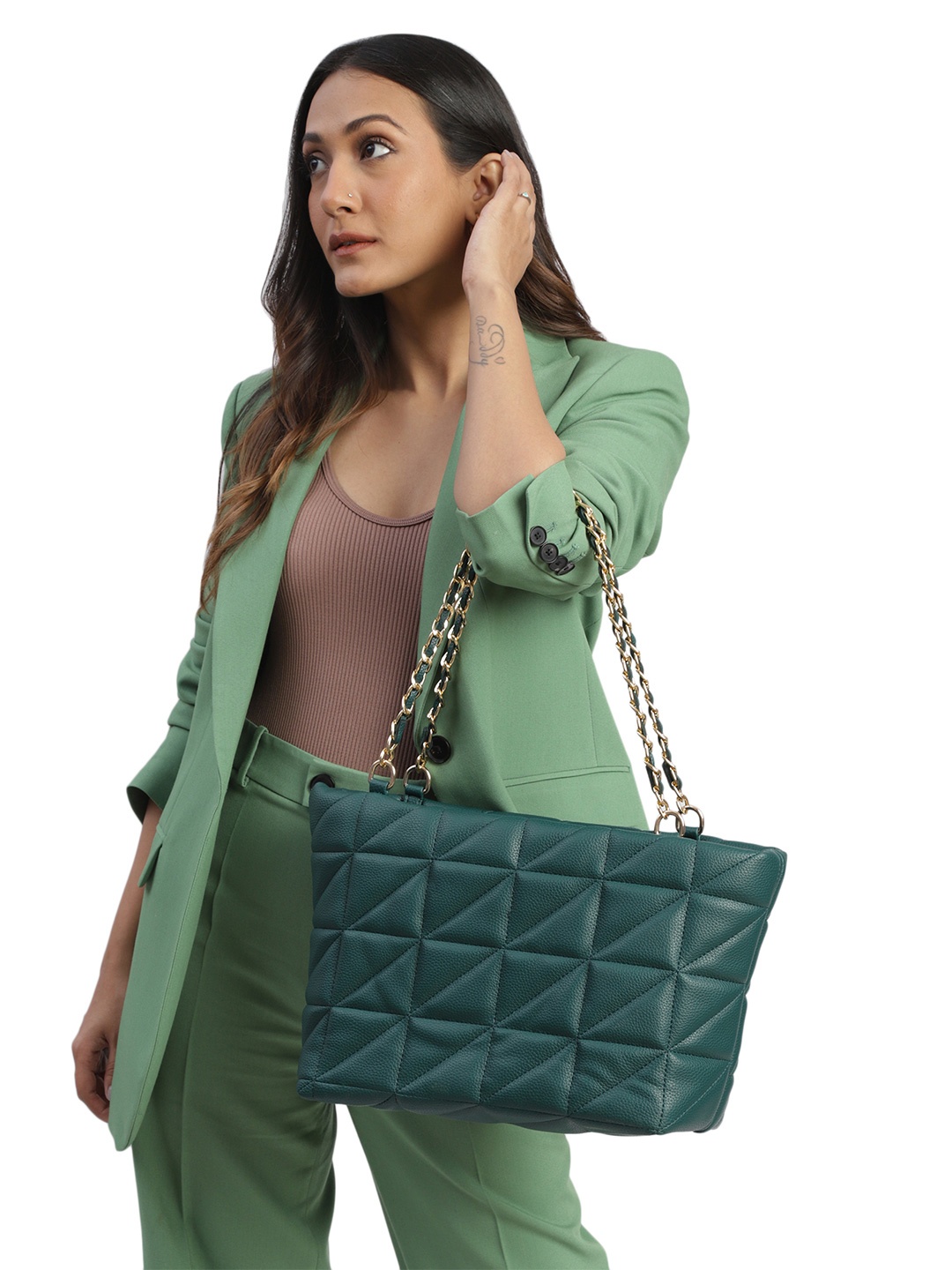 

MINI WESST Textured Structured Sling Bag With Quilted, Green