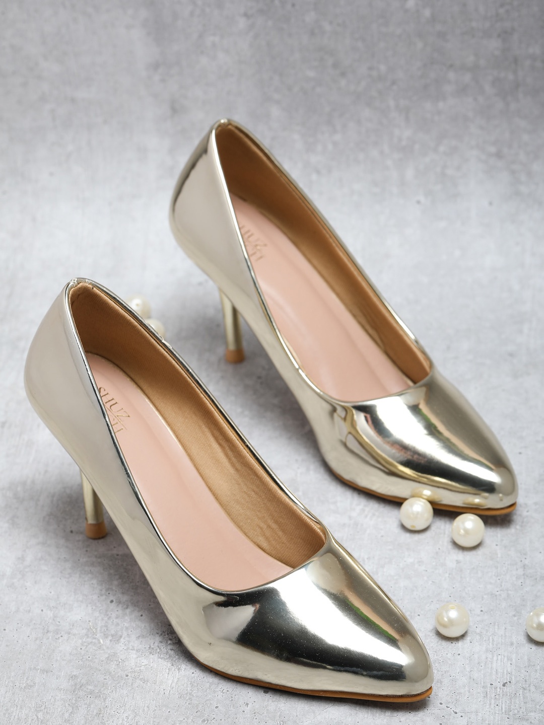 

SHUZ TOUCH Pointed Slim Heel Pumps, Gold