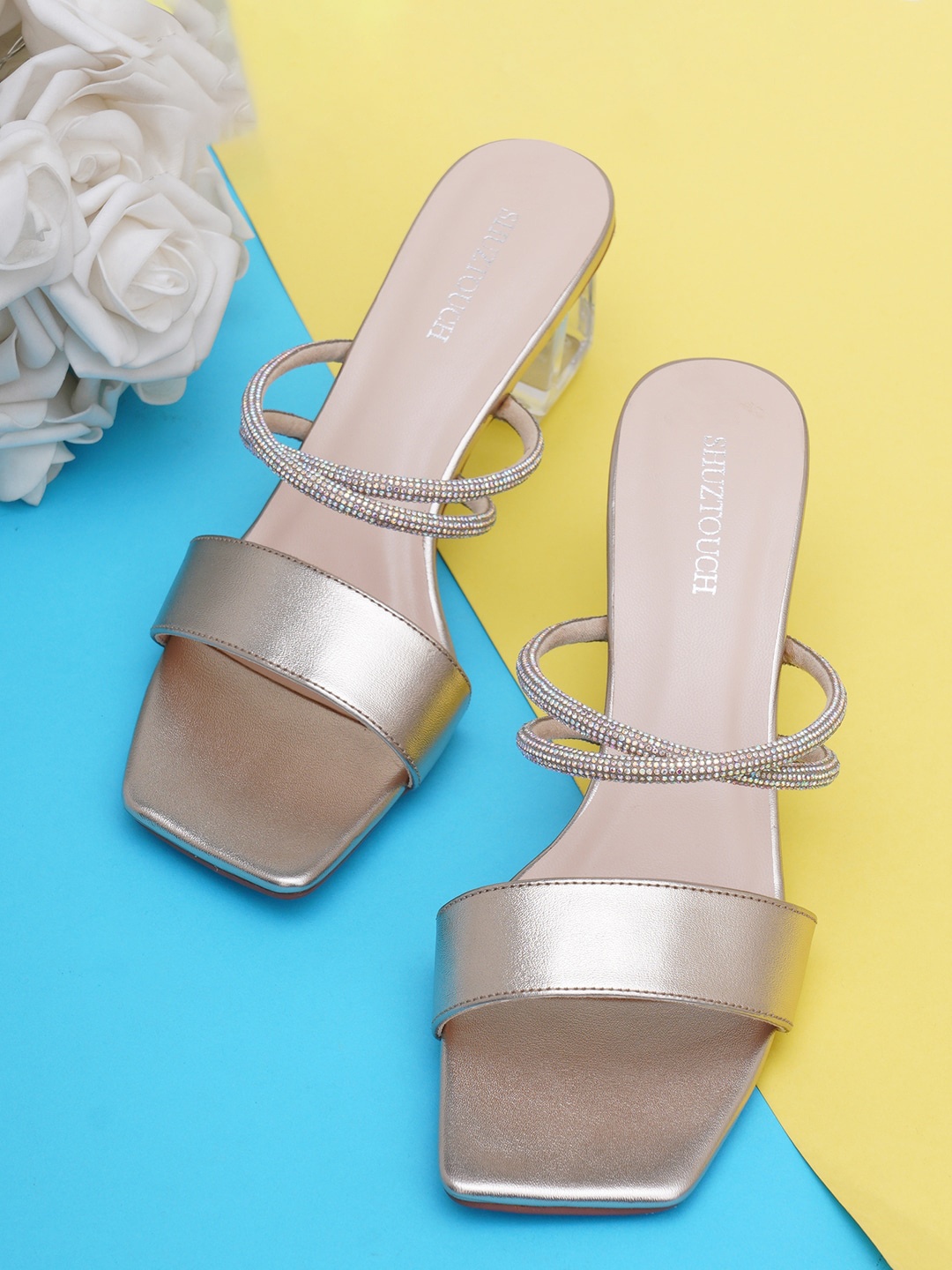 

SHUZ TOUCH Embellished Open Toe Block Heels, Gold