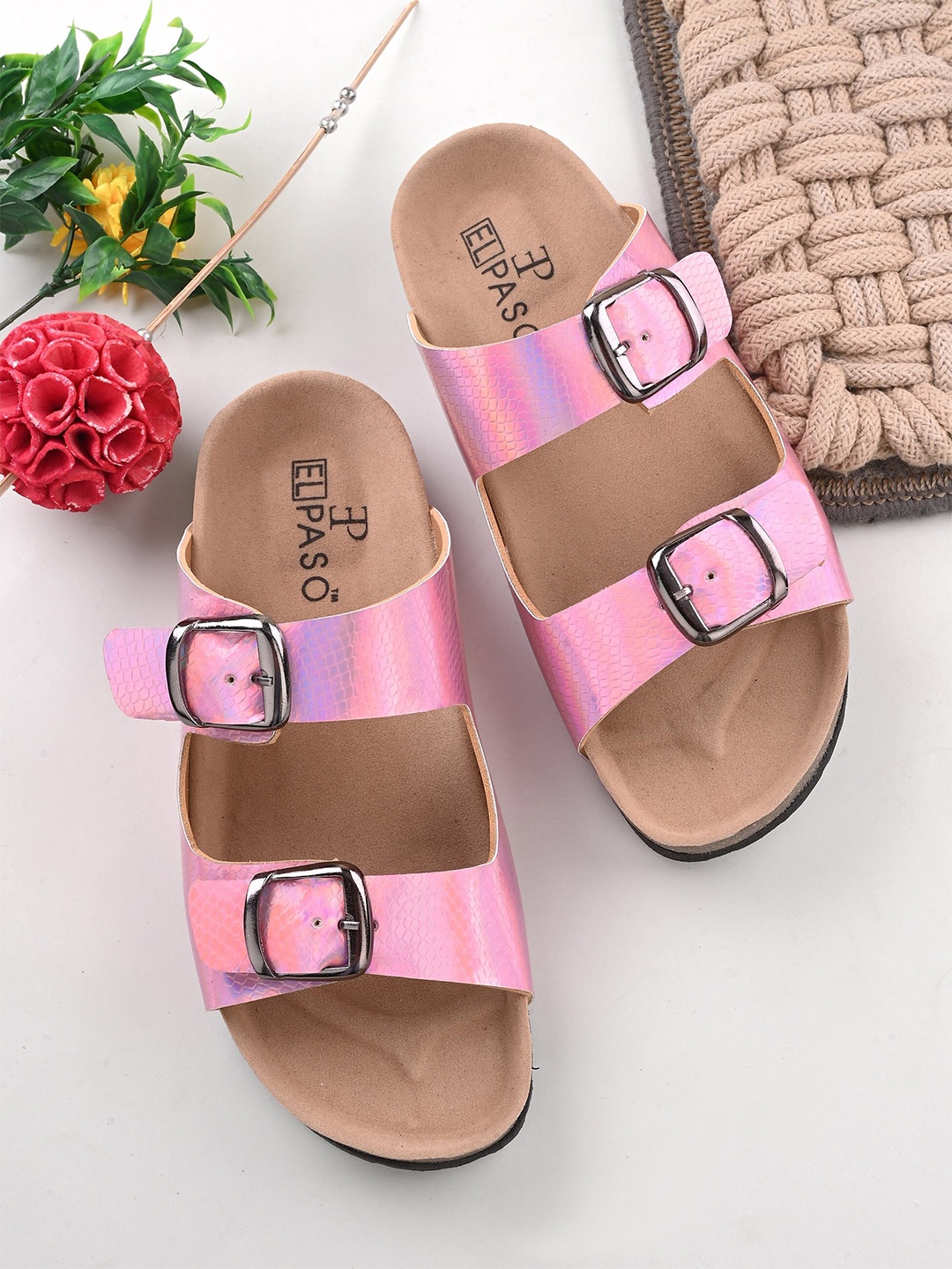 

El Paso Women Textured Two Strap Comfort Open Toe Flats With Buckle Detail, Pink