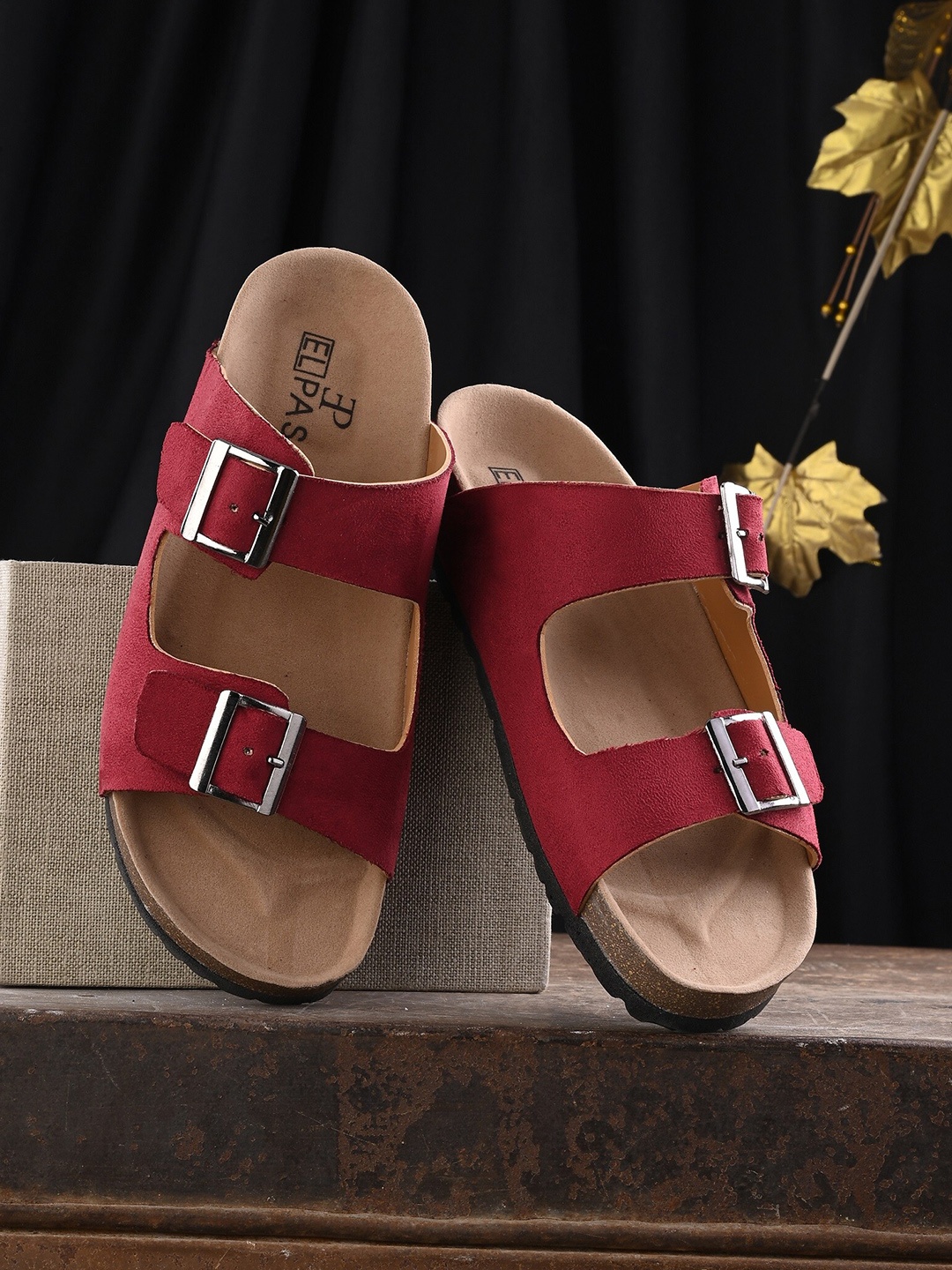 

El Paso Women Two Straps Open Toe Flats With Buckle Detail, Maroon