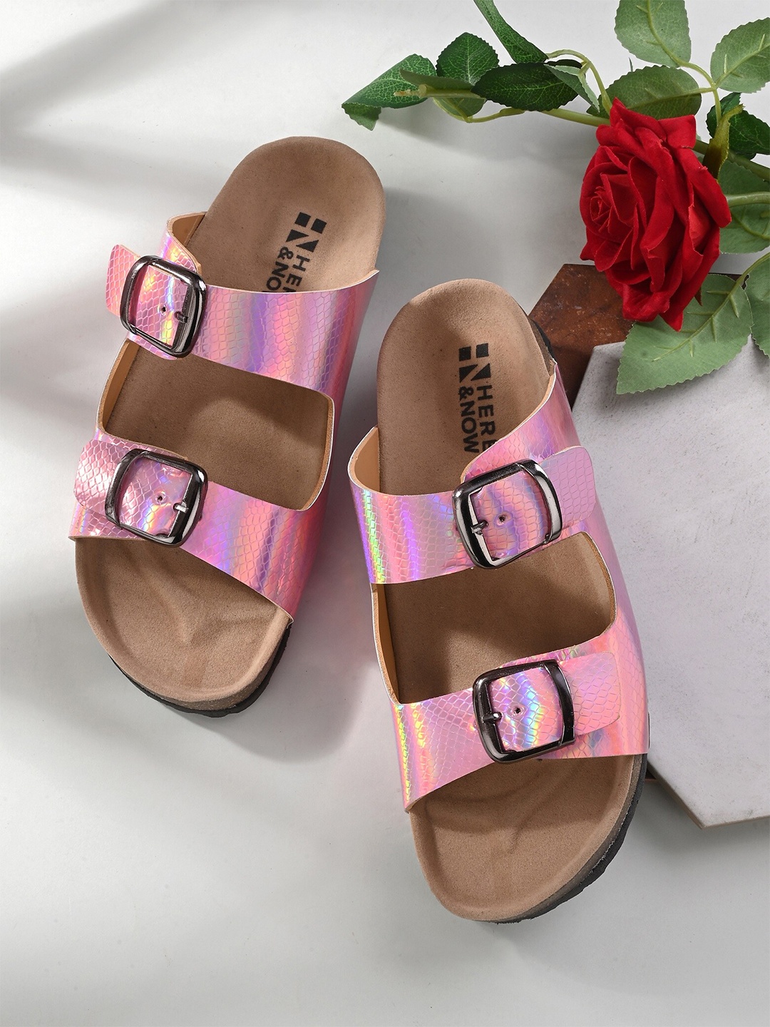 

HERE&NOW Women Textured Two Strap Comfort Open Toe Flats With Buckle Detail, Pink