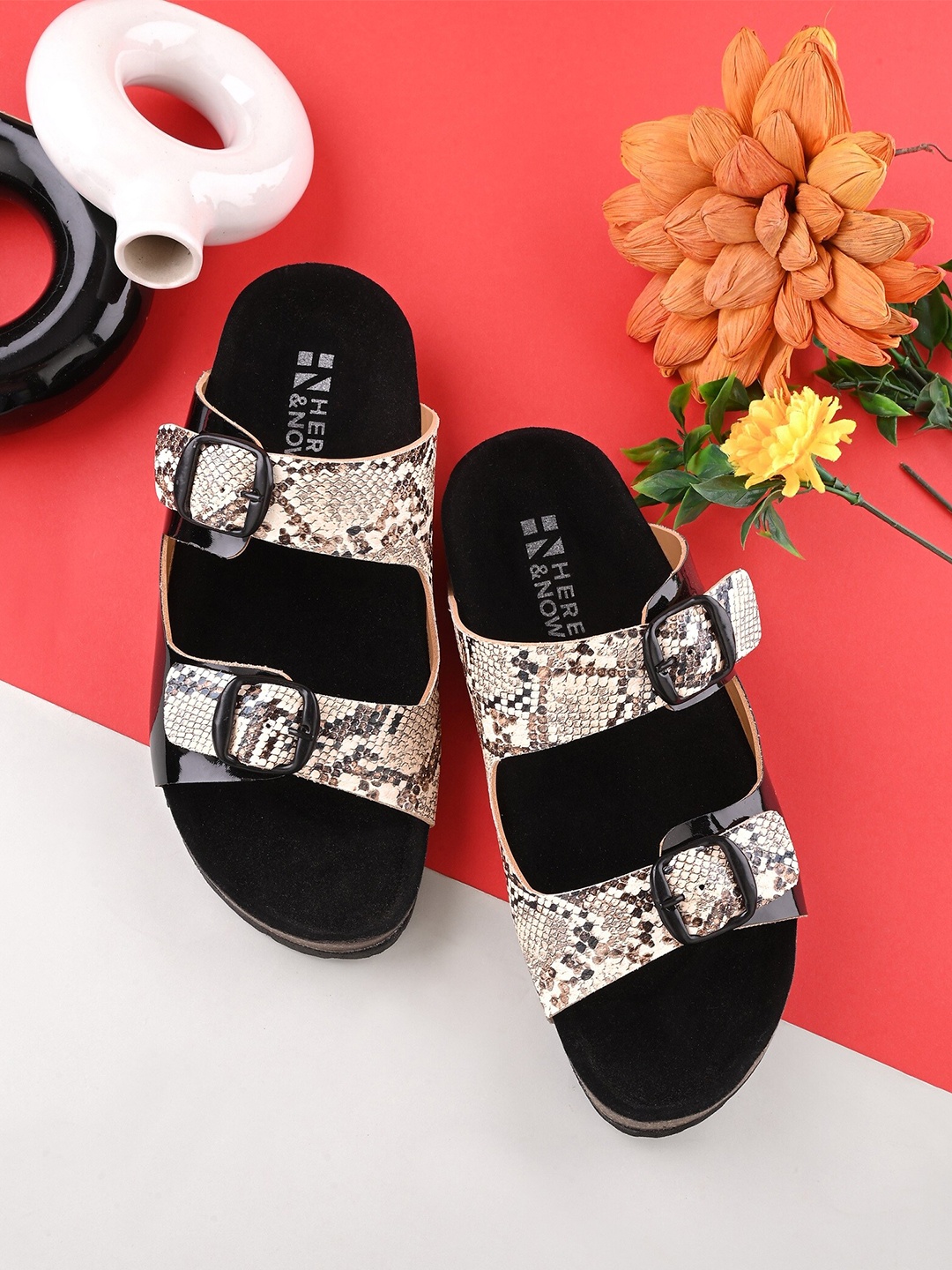 

HERE&NOW Women Textured Two Strap Comfort Open Toe Flats With Buckle Detail, Black