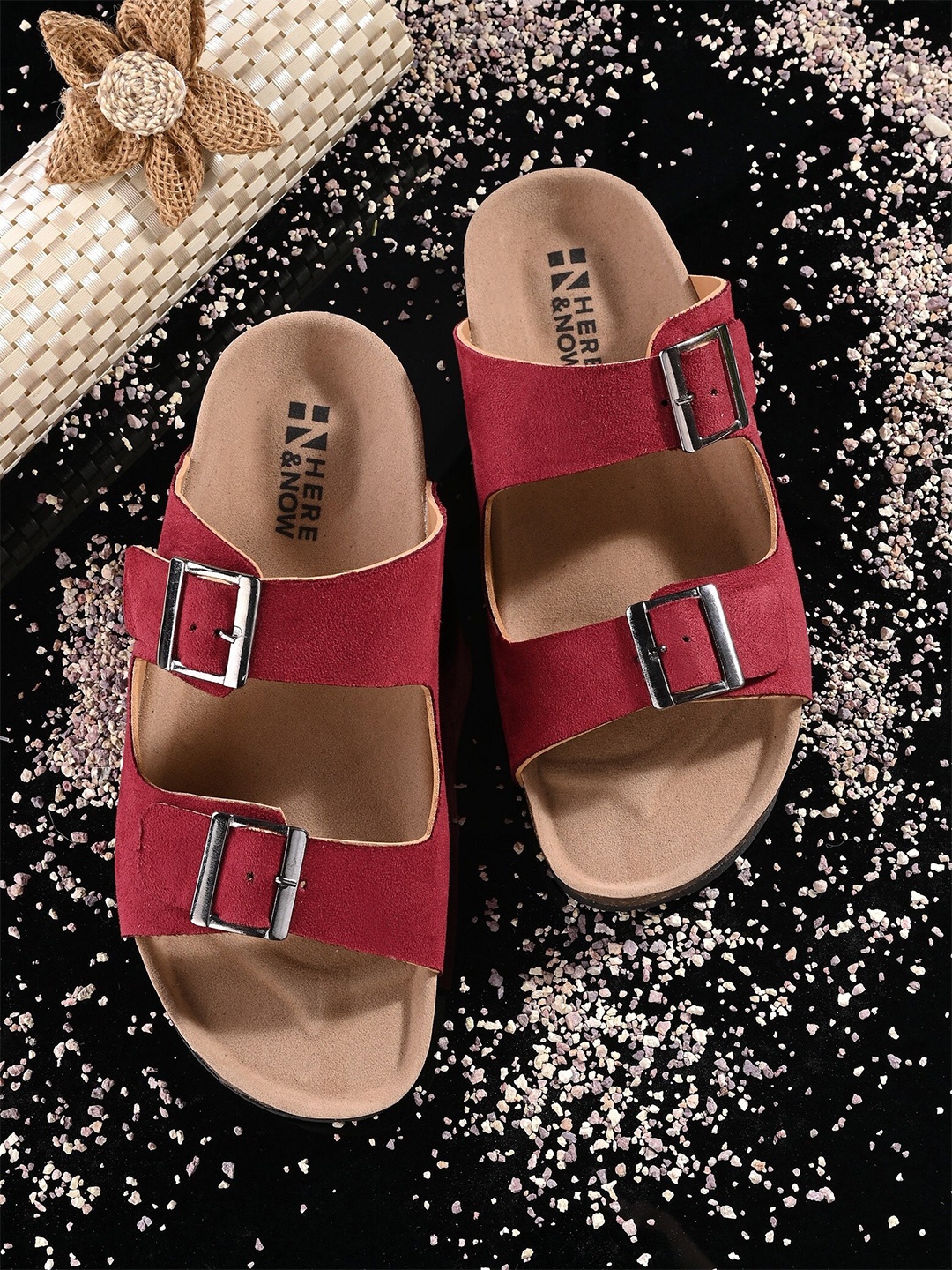 

HERE&NOW Women Two Strap Comfort Open Toe Flats With Buckle Detail, Maroon