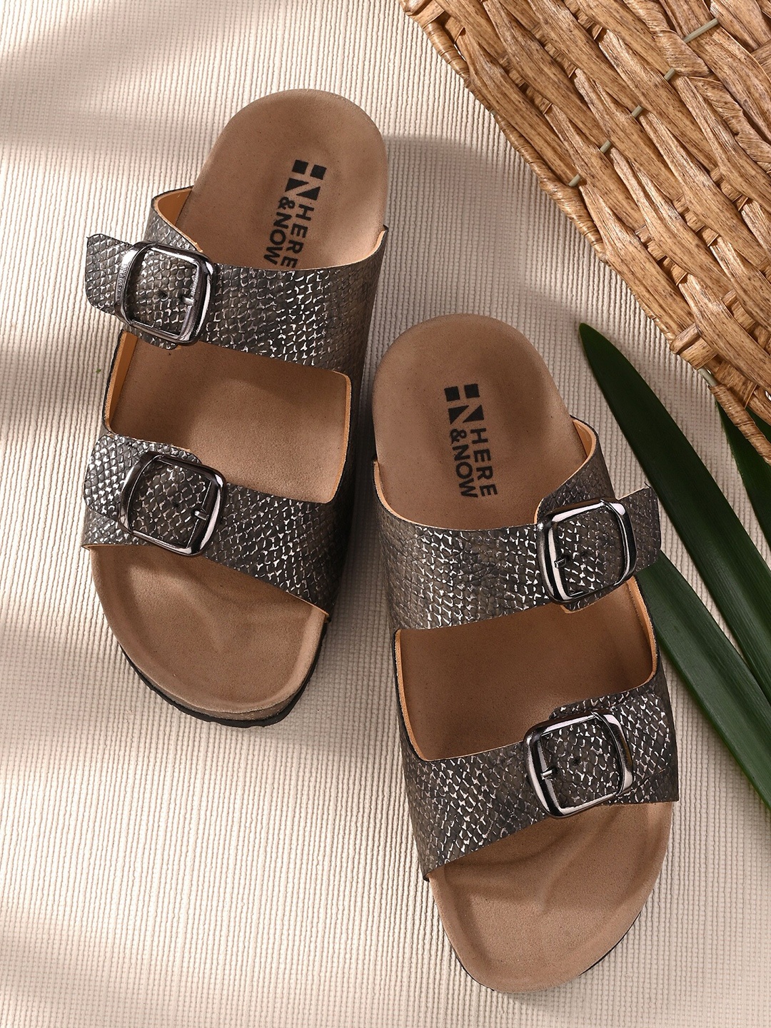 

HERE&NOW Women Textured Two Straps Open Toe Flats With Buckle Detail, Black