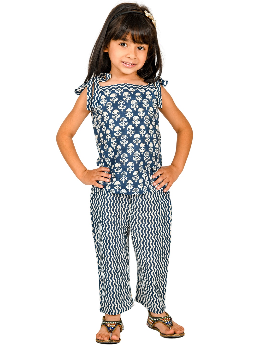 

Tiny Bunnies Girls Printed Pure Cotton Top With Trousers Set, Navy blue