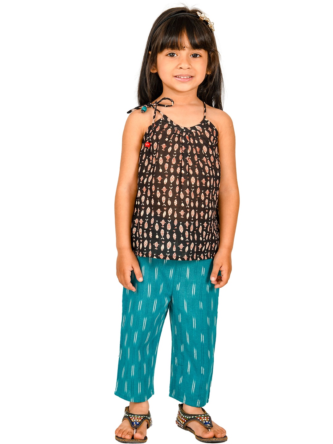 

Tiny Bunnies Girls Printed Pure Cotton Top with Trousers Set, Black