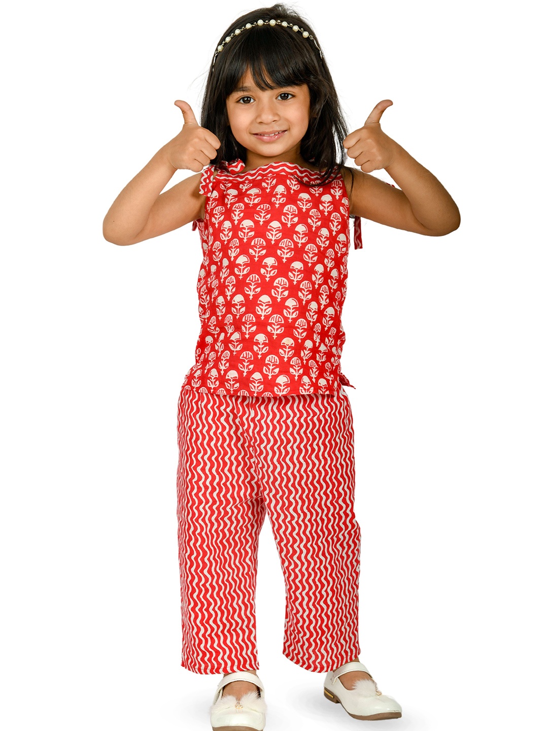 

Tiny Bunnies Girls Printed Pure Cotton Top With Trousers Set, Red