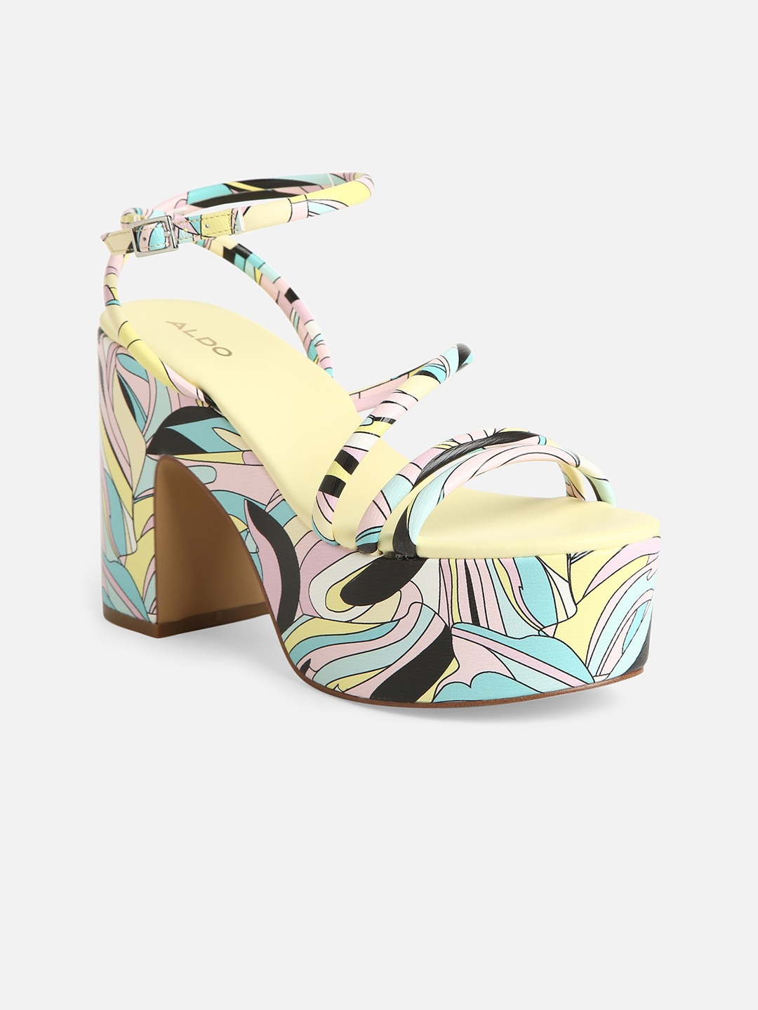 

ALDO Printed Open Toe Platform Heels With Ankle Loop, Yellow