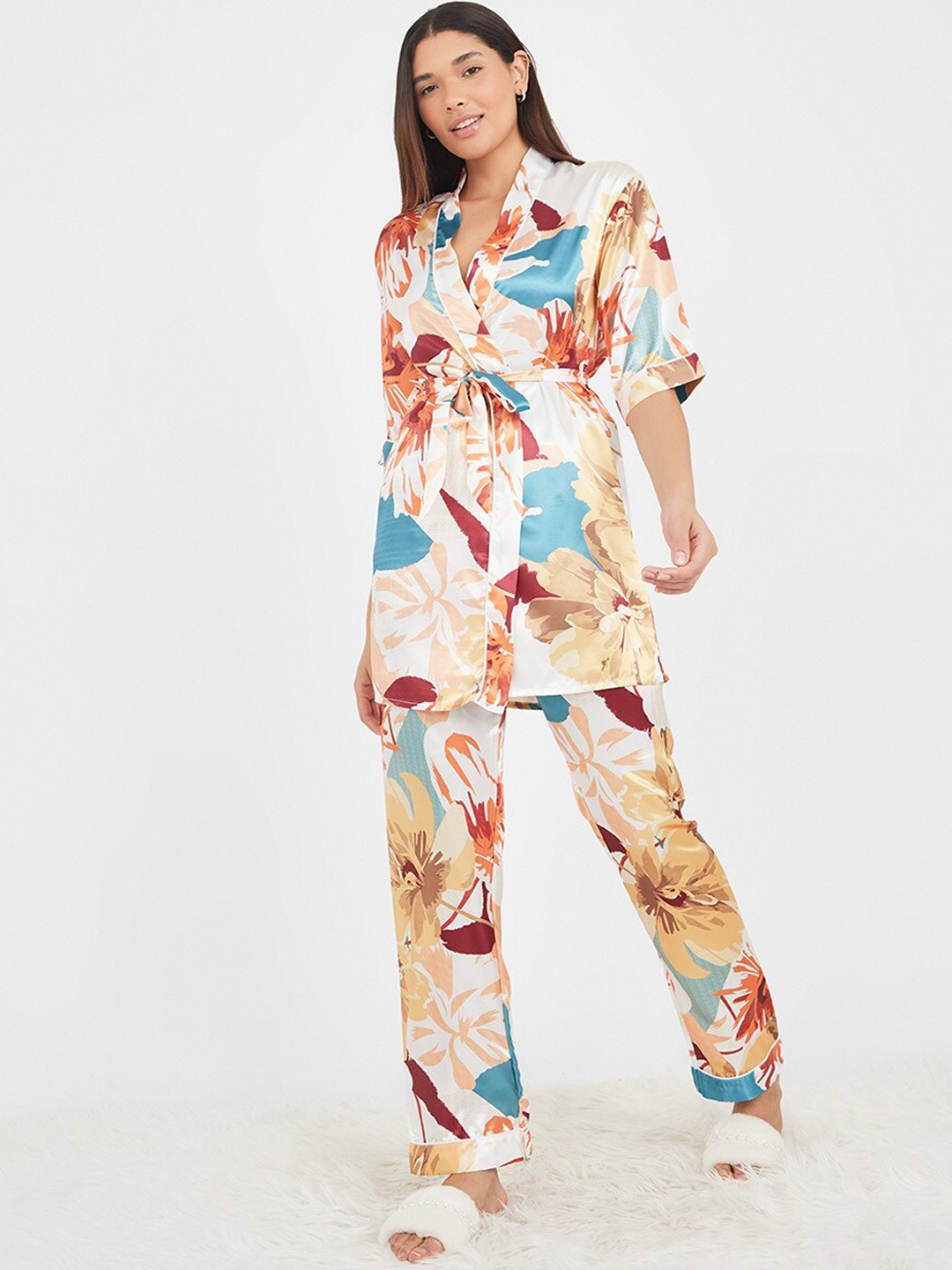 

Styli Floral Print Satin Finish Tie-Up Wrap Shirt and Pajama Set, Beige