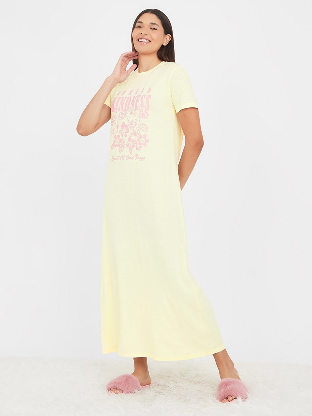

Styli Typography & Floral Printed Maxi Nightdress, Cream