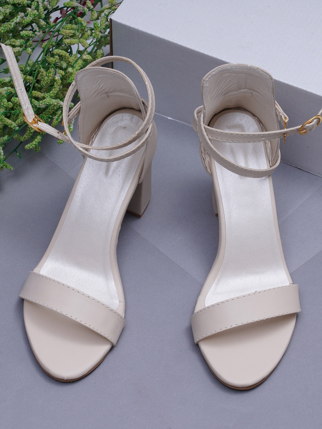 

Misto Open Toe Comfortable Block Heels With Ankle Loop, Cream