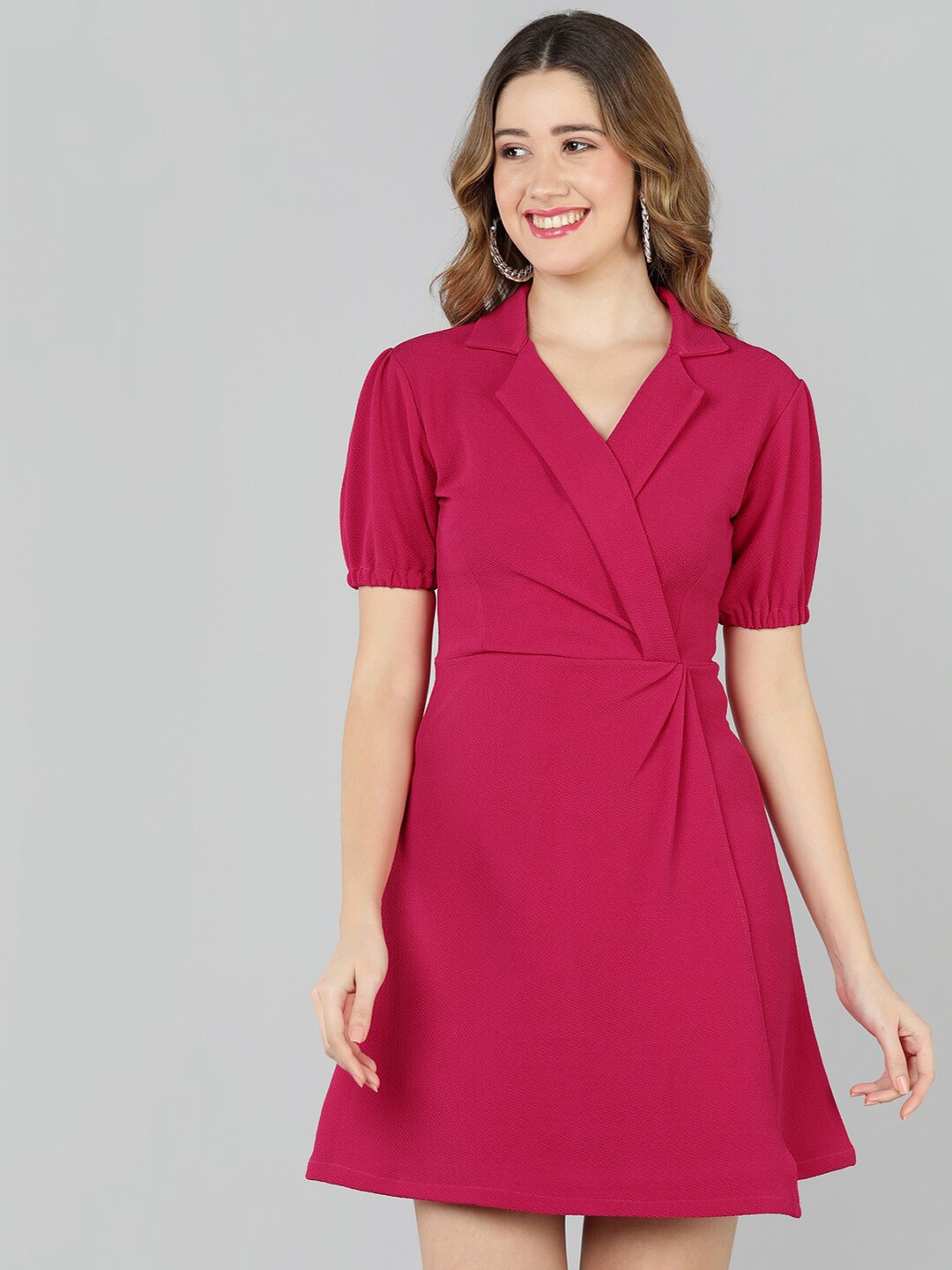 

Golden Kite Shirt Collar Puff Sleeves Fit & Flare Dress, Fuchsia