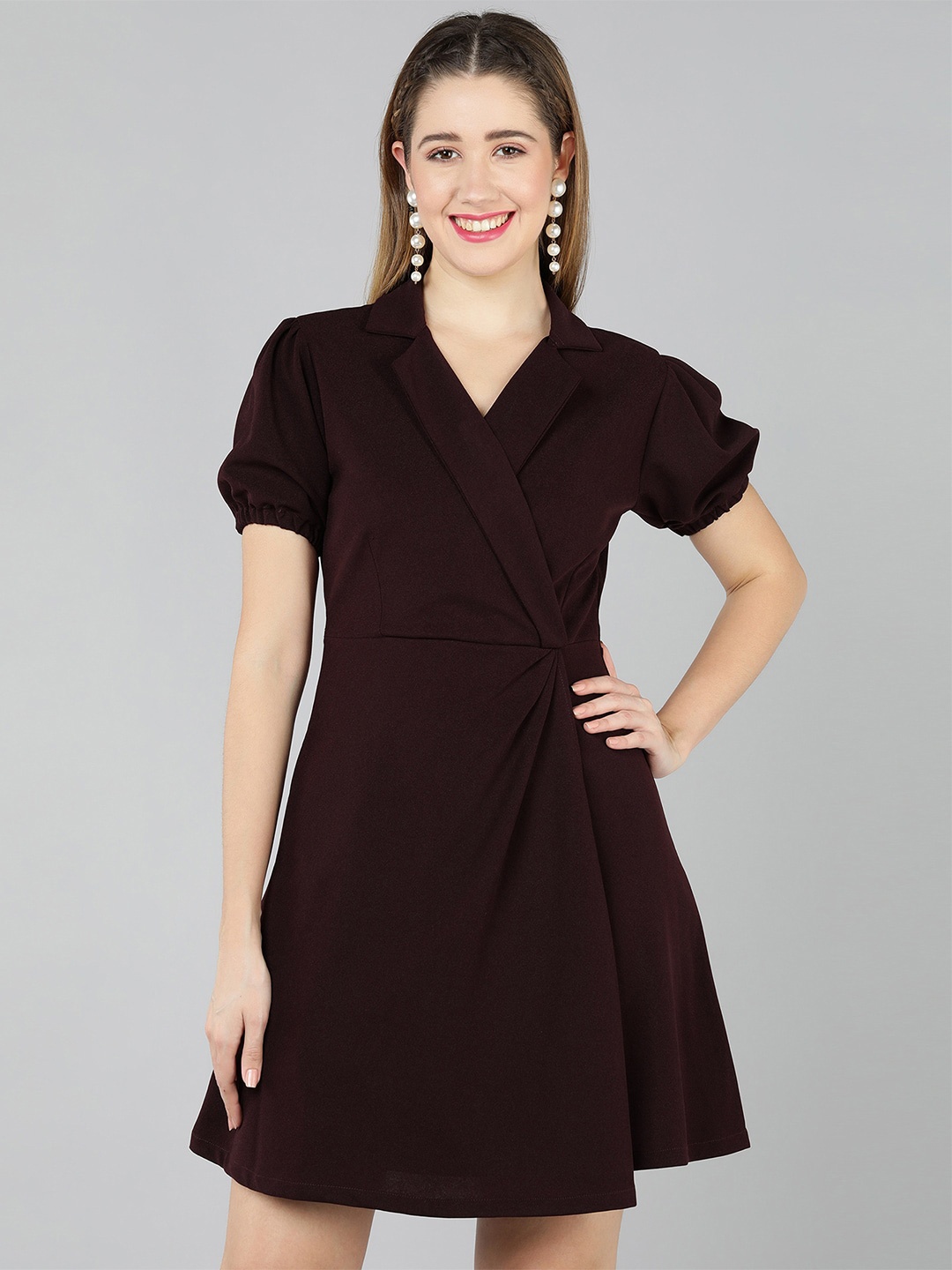 

Golden Kite Shirt Collar Puff Sleeves Fit & Flare Dress, Burgundy
