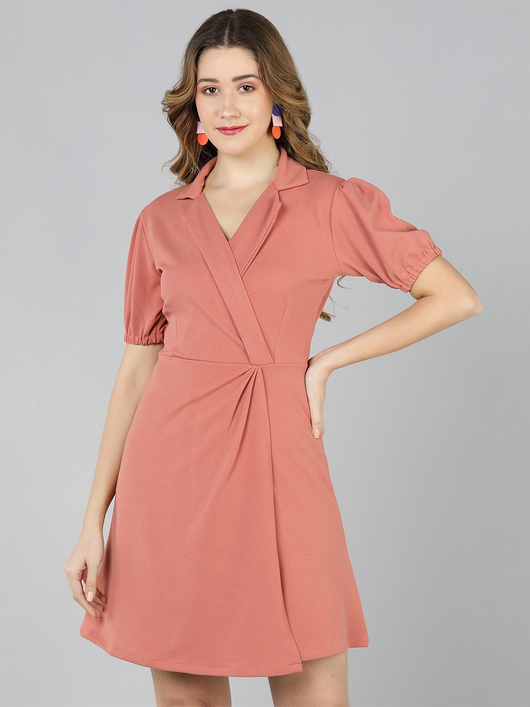 

Golden Kite Shirt Collar Puff Sleeves Fit & Flare Dress, Pink