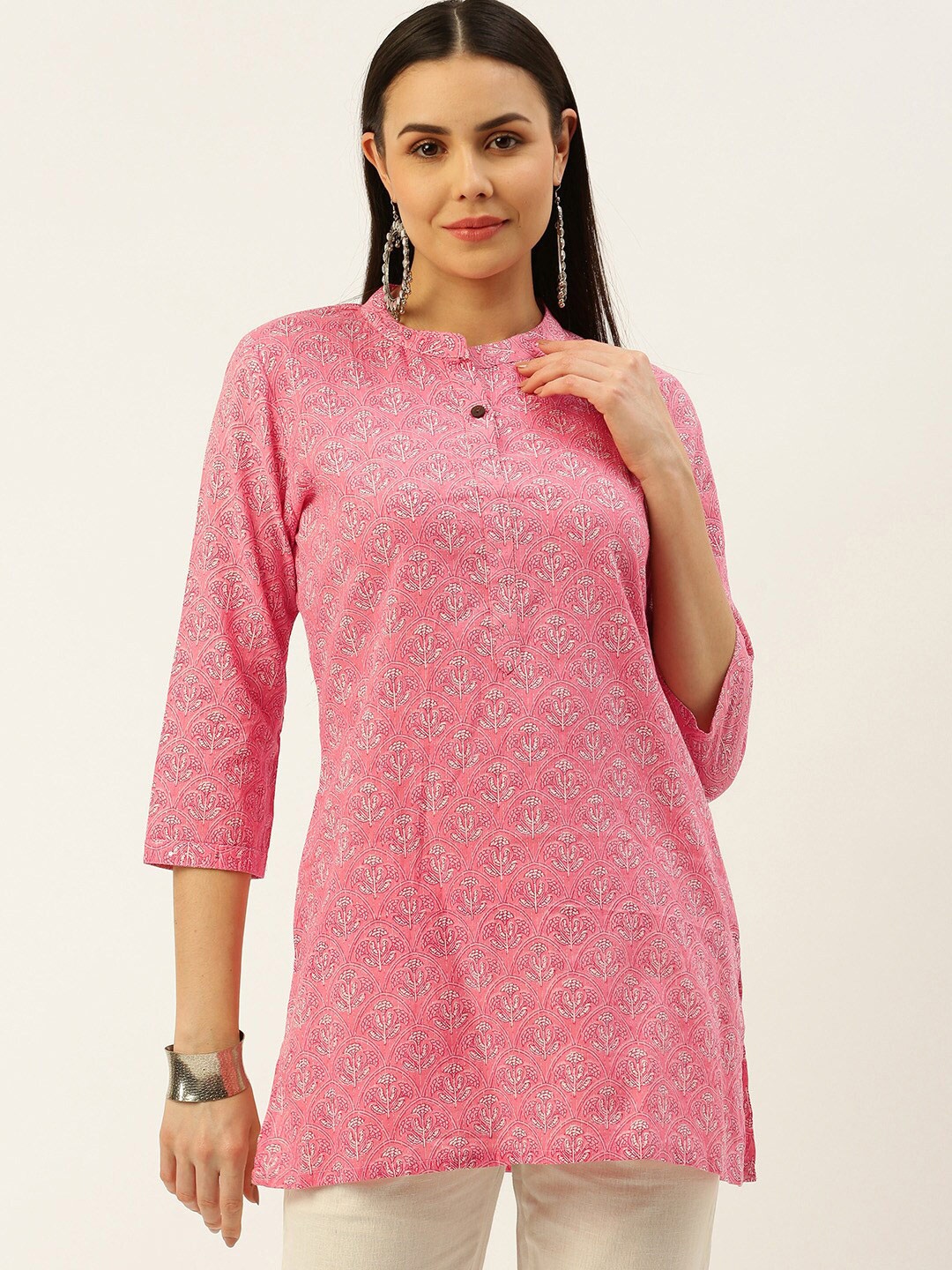 

RACHNA Floral Printed Mandarin Collar Kurti, Pink