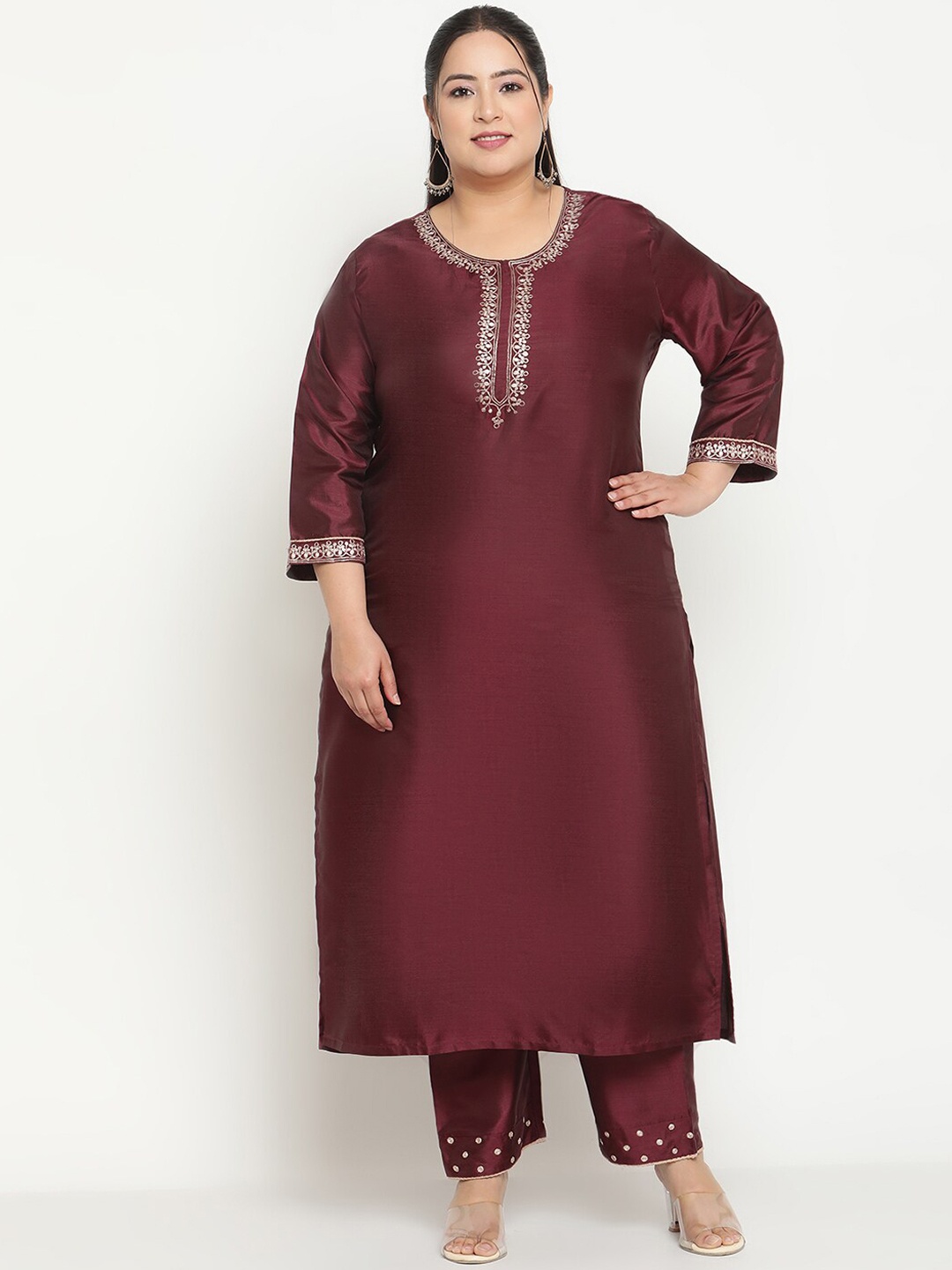 

Sringam Plus Size Thread Work Regular Kurta With Trousers, Purple