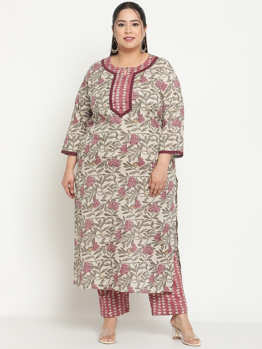 

Sringam Plus Size Floral Printed Regular Pure Cotton Kurta With Trousers, Beige